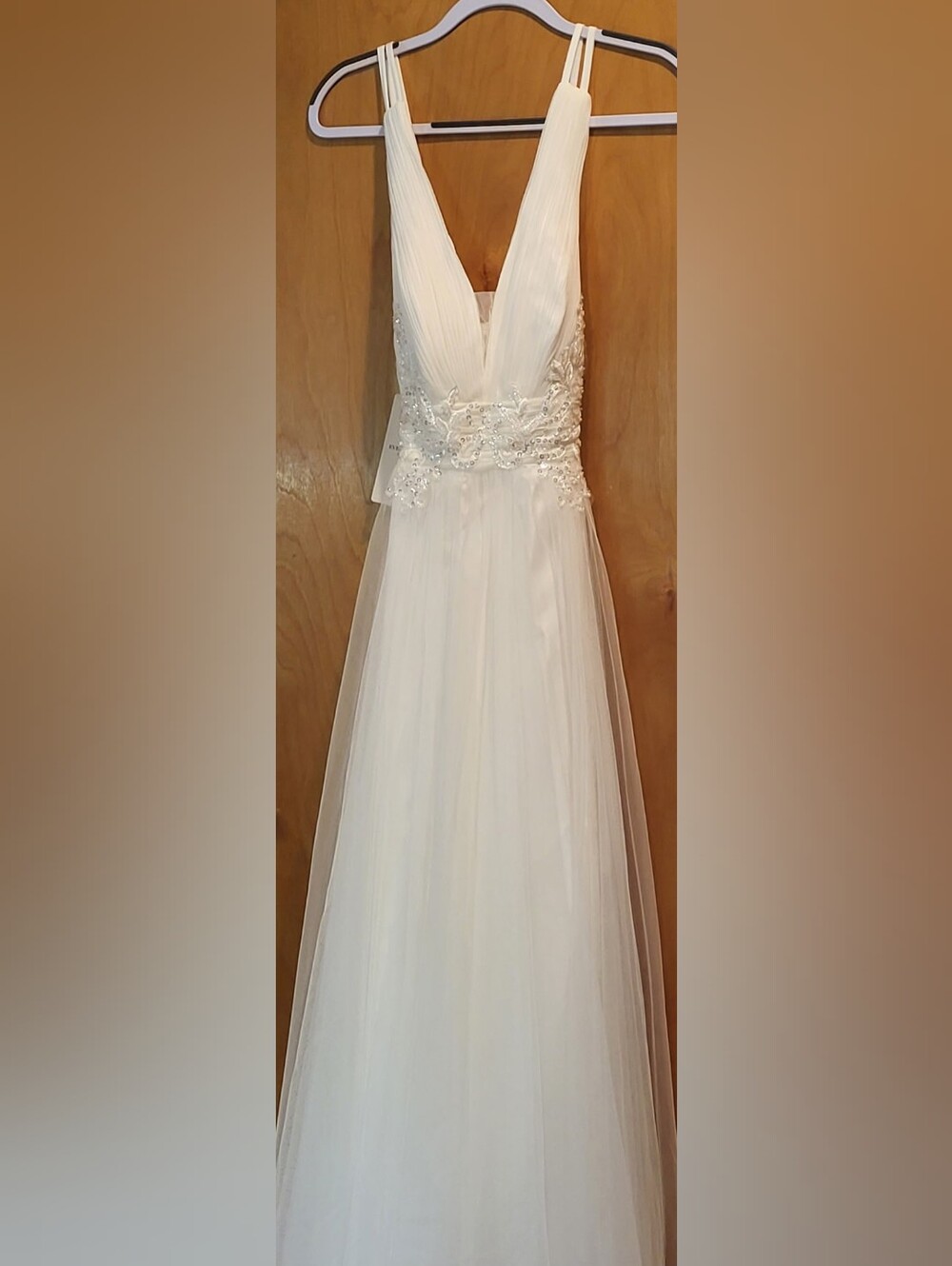 Ever Pretty White V‑Neck Tulle Wedding Gown with Beaded Waist